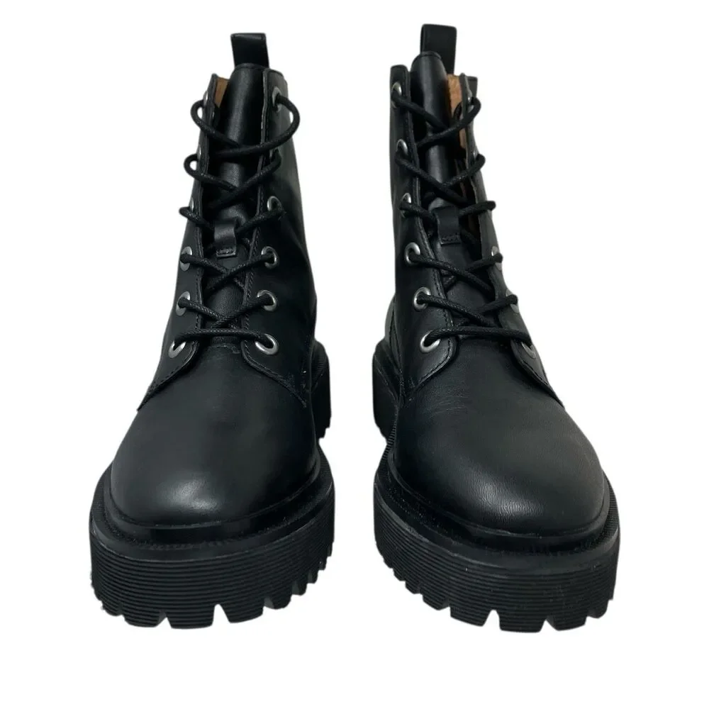 Madewell Black Leather The Shelton Lace-Up Combat Boots Moto New NG667 Womens 7‎